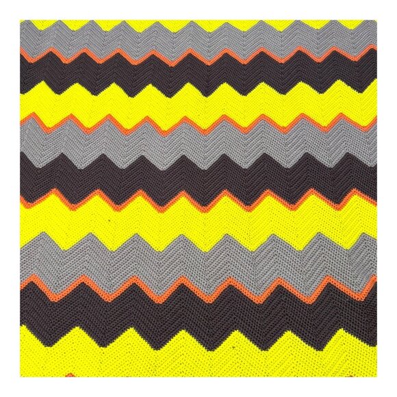 Vintage Chevron Afghan Sofa Throw Blanket Yellow Brown & Gray Fringe MCM Retro - Picture 2 of 4